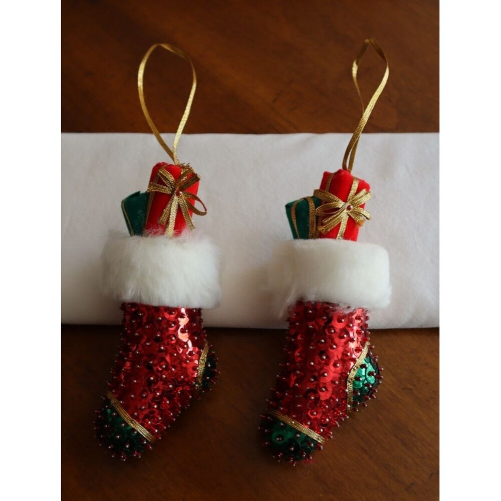 Vtg Lot of 2 Handmade Sequin Beaded Boot Stocking Christmas Ornaments Sulyn